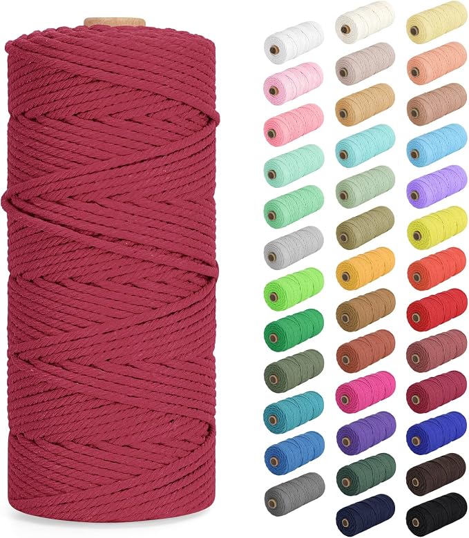 Macrame Cord 2mm x 220Yards (656Feet), Natural Cotton Macrame Rope - 2 Strands Twisted Macrame Cotton Cord for Wall Hanging, Plant Hangers, Crafts, Gift Wrapping and Wedding Decorations, Wine Red