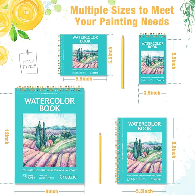 Creazic 2 Pack Small Watercolor Sketchbook, 3.5" x 5.5" Watercolor Notebook