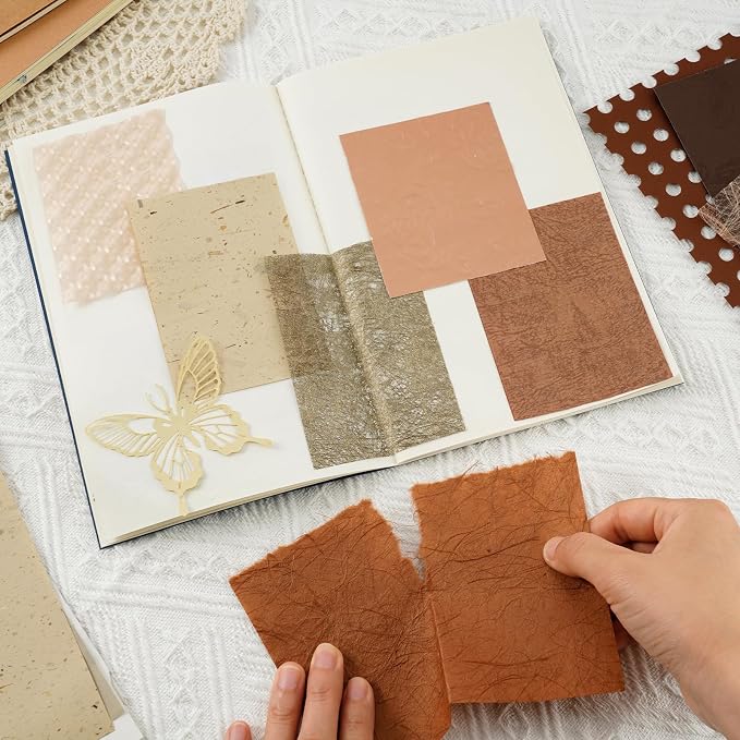 50 Sheets Unique Handmade Textured Scrapbook Paper & Mesh Fabric set - Junk Journal Supplies Craft Paper for Scrapbooking Journaling Supplies for Junk Journal Retro Crafts（Brown）