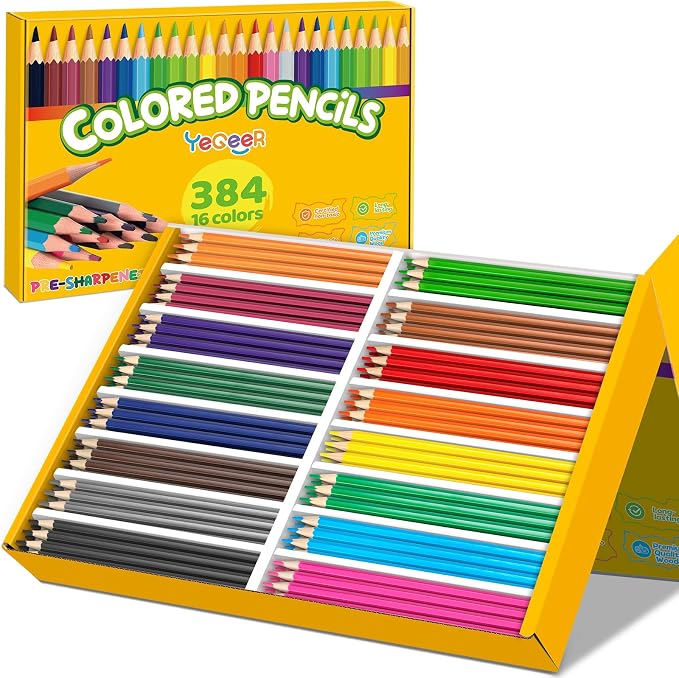 YEGEER 384 Count Colored Pencils Bulk, 16 Assorted Colors, Pre-sharpened Coloring Pencils Set for Kids and Adult, Teachers Essential Classroom Prizes, Back to School Supplies