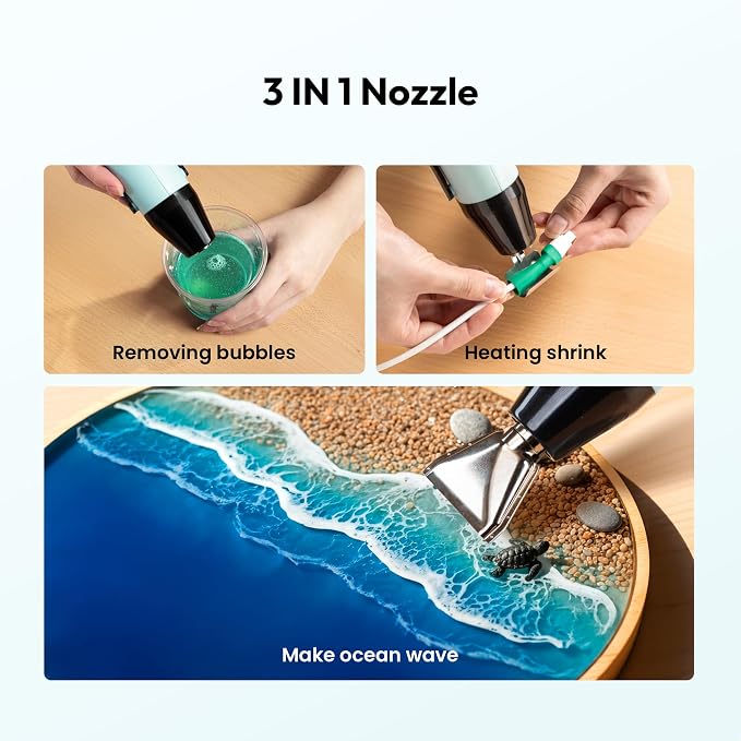 Resiners Heat Gun for Crafting, 350W Mini Heat Gun for Resin Bubbles | Fast-Heating Mini Heat Gun With Dual Temperatures, 3 Nozzles and Silicone Covers for Resin, Vinyl, Shrink Wrap and DIY Crafts