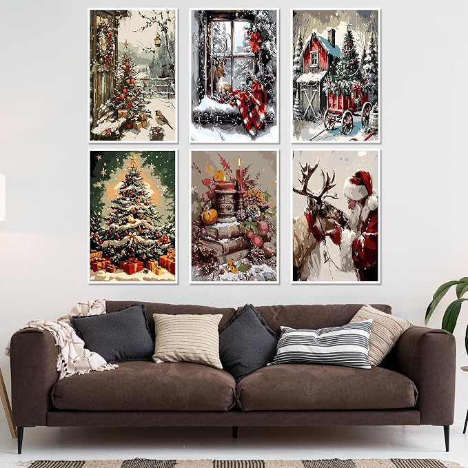 6 Pack Framed Christmas Paint by Numbers Kit for Adults with Easel (8x12in)