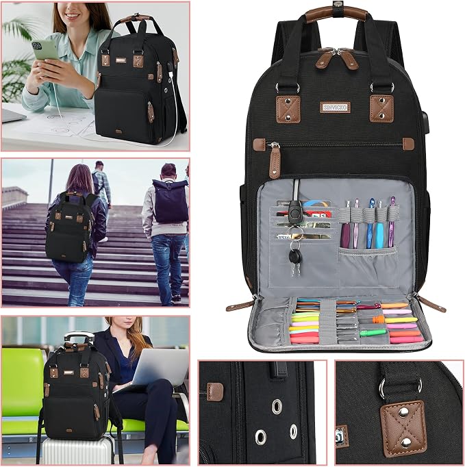 SINVICKO Crochet Bag, Knitting Bag Backpack and Totes Organizer with USB Charging Port, Large Yarn Storage Tote Bag
