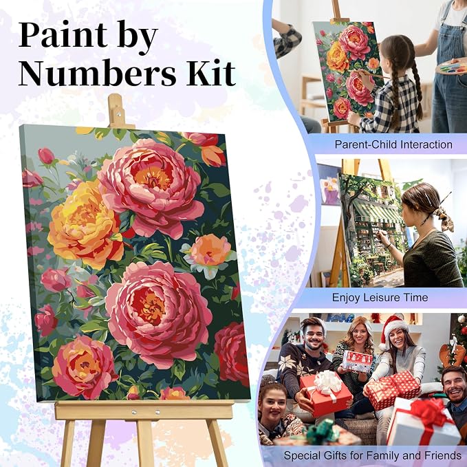 Paint by Numbers Kit for Adults, Peony Flowers Number Painting Canvas Kit | DIY Acrylic Painting Set for Beginners, Stress Relief Relaxing Craft, Home Wall Decor, Holiday Gift for Adults, 16x20 Inch