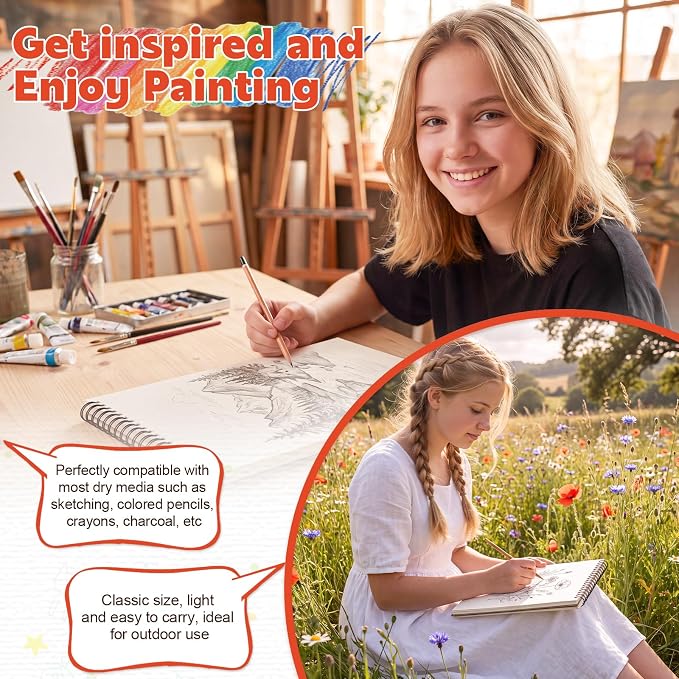 Sketch Book 9 x 12 Inch Drawing Pad for Kids Adults Beginners Acid Free Paper Spiral Bound Sketchbook for Drawing Colored Pencils Charcoal Pastels Art Class Travel