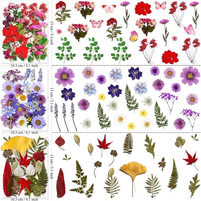 MIKIYA 150Pcs Dried Pressed Flowers for Resin, Assorted Real Natural Bulk Dry Floral Leaves for DIY Art Crafts, Epoxy Molds, Jewelry, Soap, Candle Making, Nails Decors