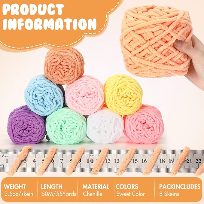 Buryeah 8 Pack Chunky Chenille Yarn for Crocheting, Sweet Color