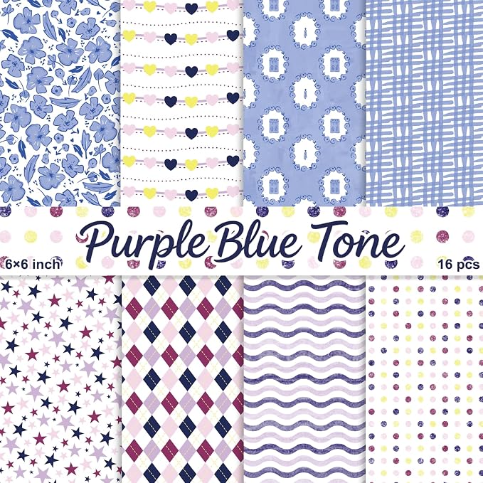 PRSTINCOL Scrapbook Paper,16 Sheets 6 x 6 Inch Purple Blue Tone Style Scrapbook Supplies,Single-Sided Vivid Origami Decoupage Paper for DIY Crafts, Card Making, Art Journaling