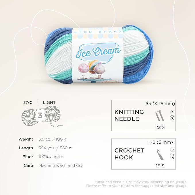 Lion Brand Yarn, Ice Cream Crochet Yarn, Baseball Nut, Blue, 3 Pack