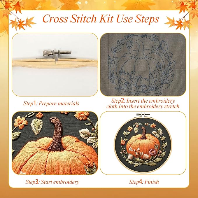 YOUDRN Pumpkin Embroidery Kit for Beginners, Embroidery Kits for Adults