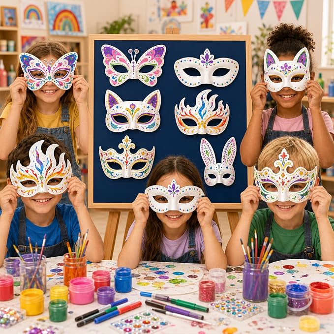 42 Pcs Blank Paper Mache Masks DIY Masquerade Masks Paintable Craft Masks | For Party, Art Projects & School Activities, Theater, Halloween, Cosplay, Couples, Mardi Gras, Half-Face Masks White 7 Styles