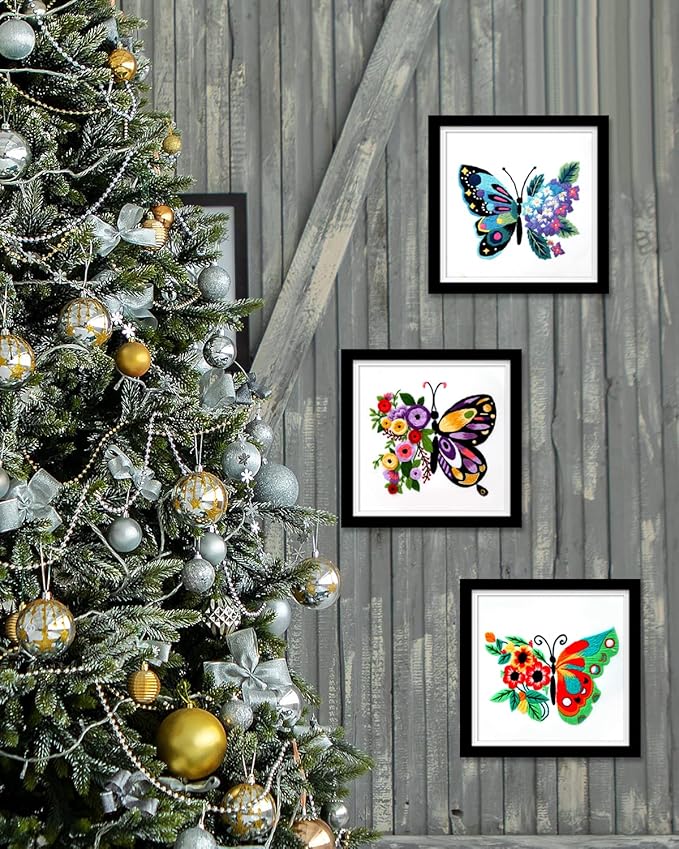 TINDTOP Embroidery Kit for Adult, Hummingbird Butterfly Mushroom Flower Kit | 9 Sets for Beginners Include Embroidery Cloth Hoop Threads with Embroidery Skill Techniques
