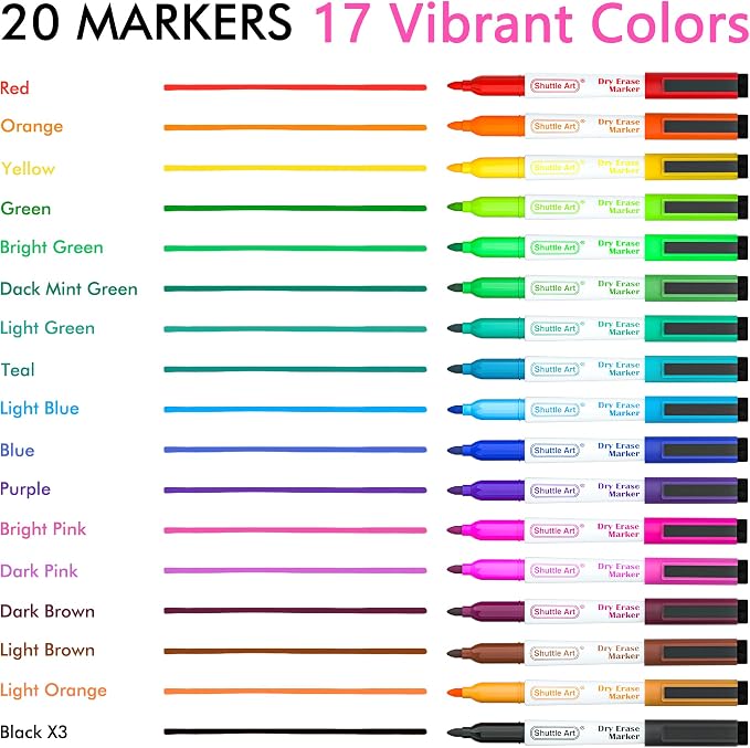 Shuttle Art 20 Pack Dry Erase Markers 17 Colors Plus 3 Black Fine Tip