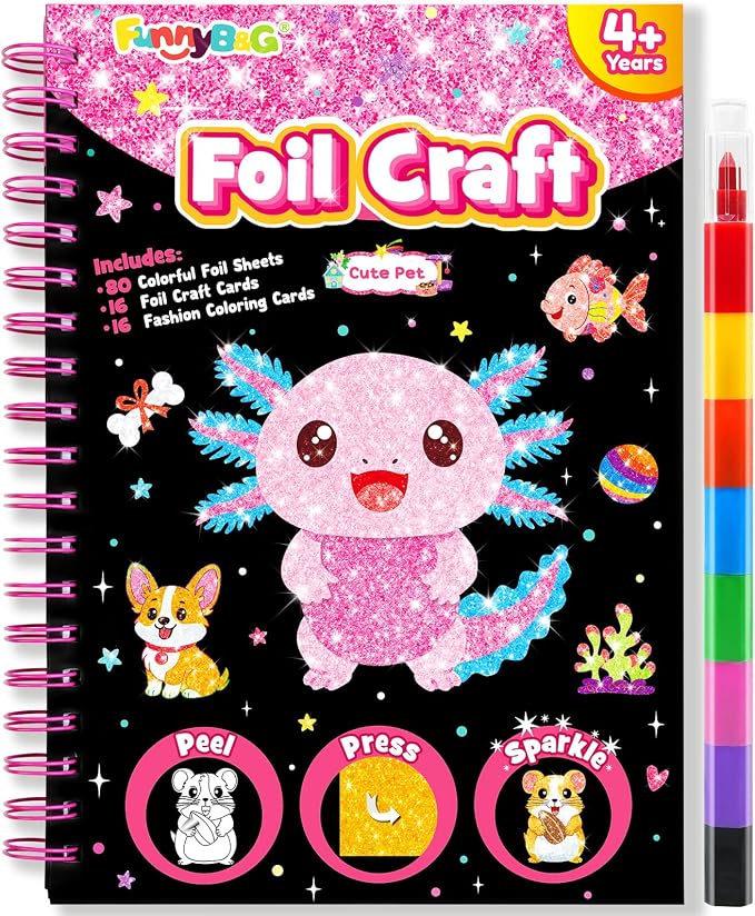 FUNNYB&G Foil Art Craft Kit for Kids, Sparkly Birthday Gift Toy for Kids | No Mess, Kids Ages 4-10 Create Sparkling Artwork, A Creative Gift for Birthdays, Holidays, Travel Activities,Screen-Free Fun