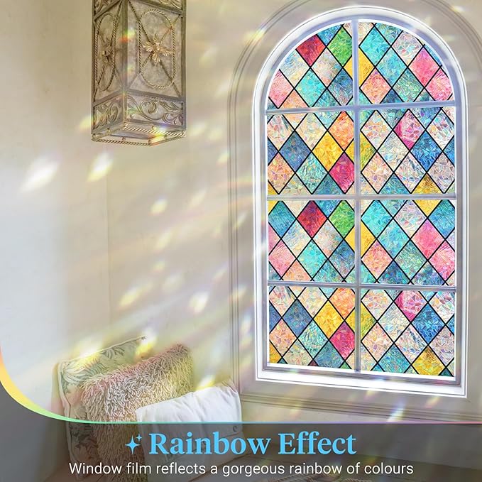 Haton Stained Glass Winodw Film, Rainbow Lattice Stickers, 29.5" x 118.1"