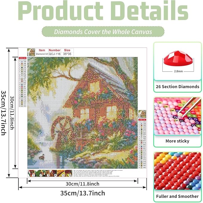 Accompany Wind Countryside Diamond Art Kits for Adults,5D Water Wheel Diamond Painting Kits for Beginners,DIY Round Full Drill Diamonds Gem Art Crafts for Home Wall Decor Gifts 14x14 Inch