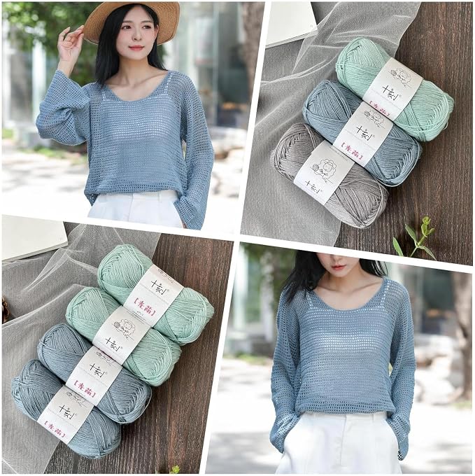 Linen Rayon Lyocell Blend Yarn, Superfine Fingering Weight (1), 150g/5.29oz (3 Strands, 50g/230yds per Strand)- 06 Blue Shadow