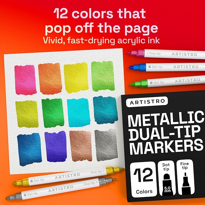 ARTISTRO Metallic Dual-Tip Acrylic Paint Marker Pens - Set of 12 | For Fabric, Rock, Glass, Wood, & Coloring Books, Arts & Crafts Gift, Classroom Must Haves & School Supplies (Dot & Fine Tips)