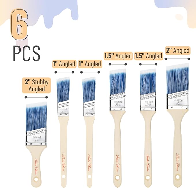 Bates- Paint Brushes, 6 Pack, 1", 1.5", 2" Angle Brushes, Wooden Handle | for Walls Stain Furniture Interior Painting & Detail Work