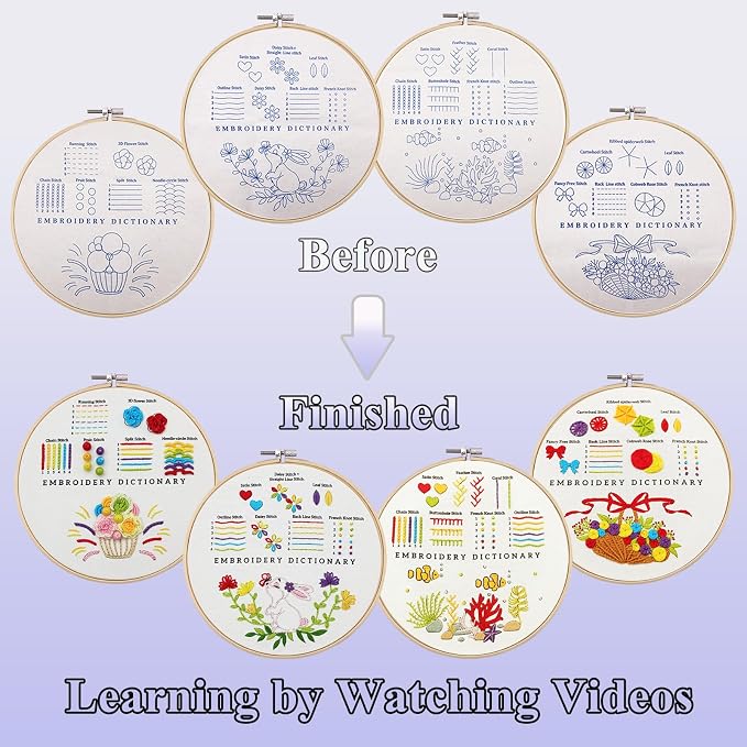 VIVIDOX 4 Sets Embroidery Kit for Beginners with Stitch Video, Cross Stitch Kits for Adults, Hand Craft Lover, Starters Easy Practice with Stamped Pattern, Hoop, Needles, Scissors, Tools & Instruction