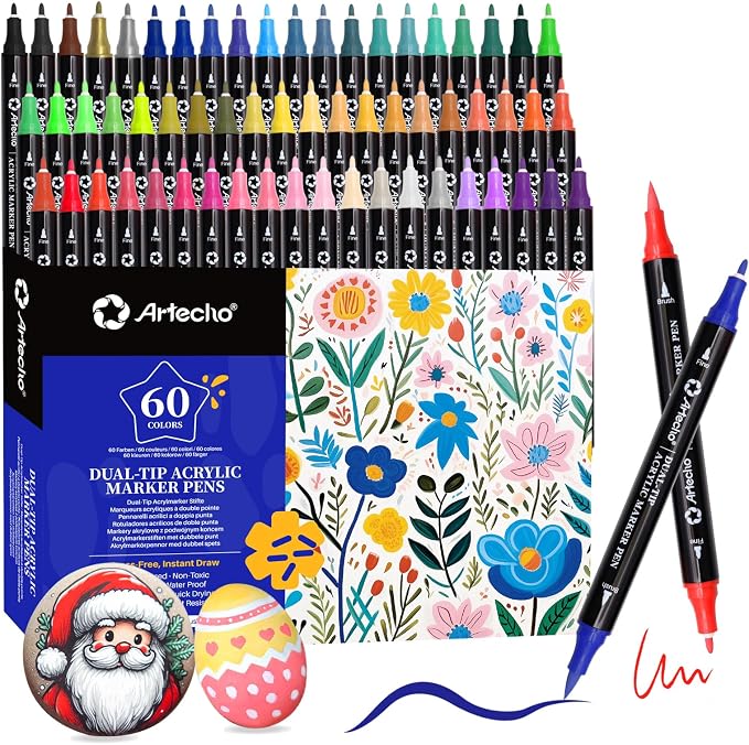 Artecho Acrylic Paint Markers 60 Colors with Brush Tip and Fine Tip