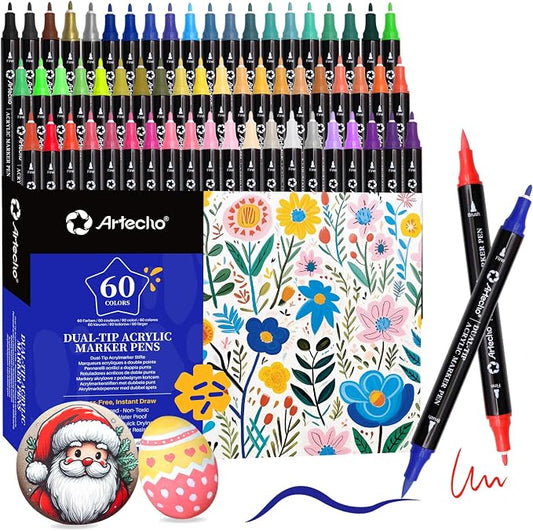 Artecho Acrylic Paint Markers 60 Colors with Brush Tip and Fine Tip
