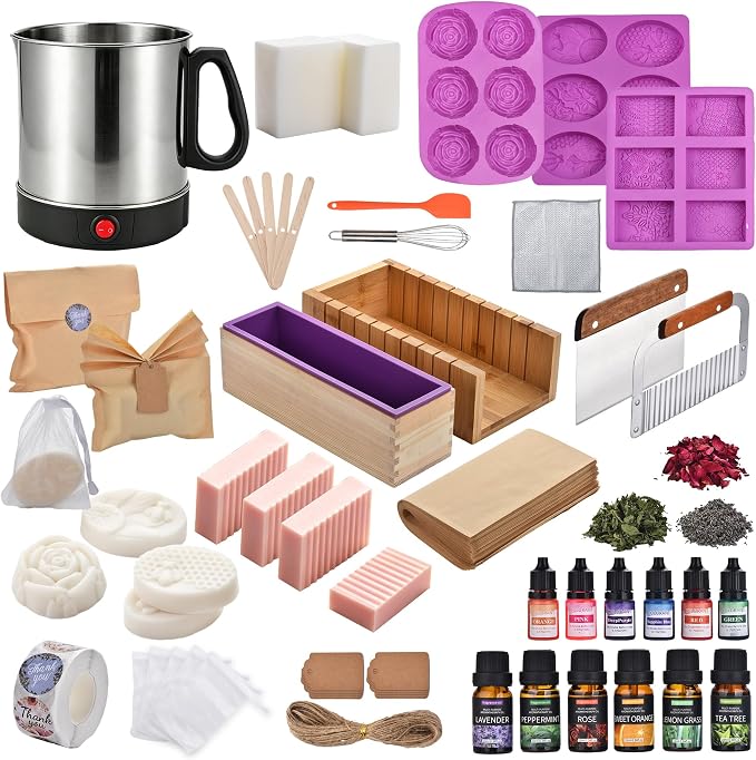 Soap Making Kit for Adults All-in-One DELUXEPRO DIY Soap Making Supplies | 500+PCS with Melter Pot, Goat Milk Soap Base, Dyes, Essential Oil & Fragrances, 3 Silicone Molds, Silicone Loaf Molds