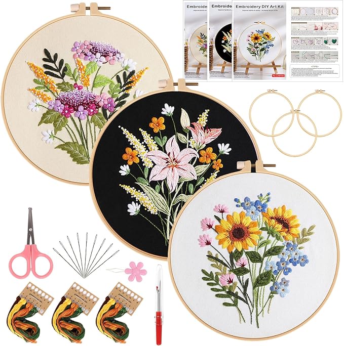 3 Packs Embroidery Kit for Adults, Embroidery for Beginners (Flower)