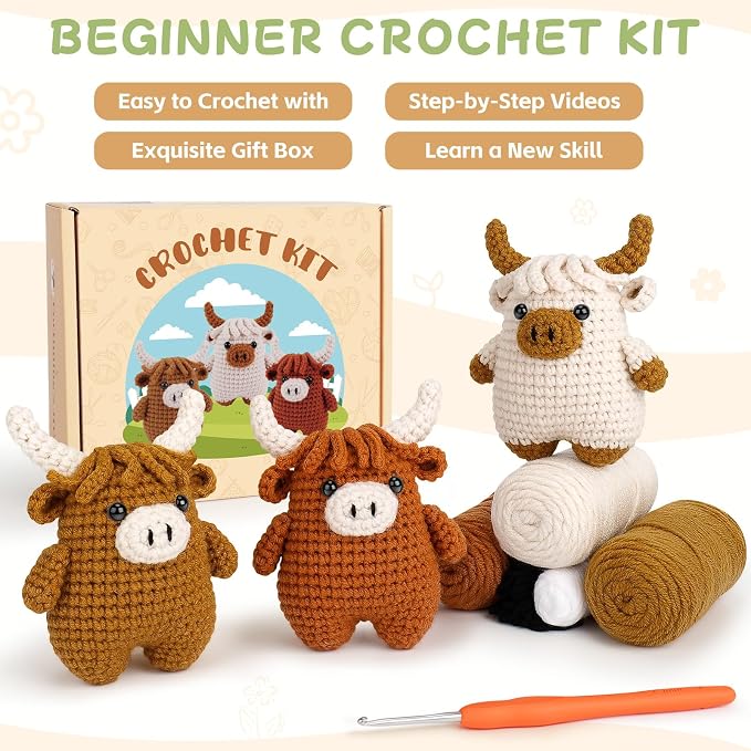 Fortuning's JDS Crochet Kit for Beginners - Crochet Highland Cow Beginner Crochet Kit for Adults, Complete Scottish Cow Crochet Animal Kits, Easy Crocheting Knitting Starter Kits Gifts