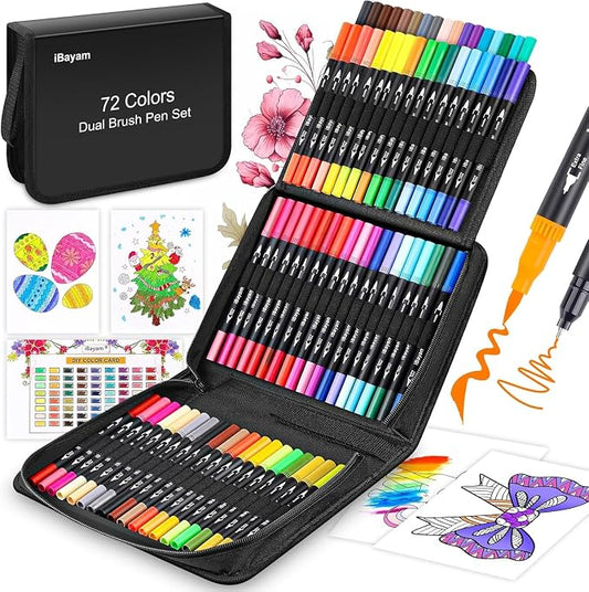 72-Color Dual Tip Markers, Fine & Brush Pens for adult coloring & lettering | 0.4mm Fineliner Pens, water-based non-toxic ink, carry bag, Note-Taking, Calligraphy, Journaling, Sketching and Lettering