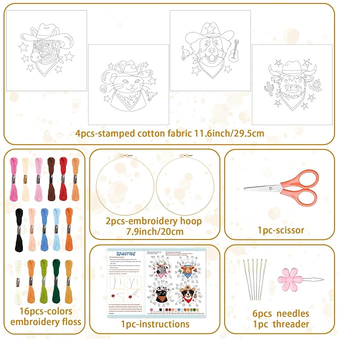 BEUNITONE 4 Set Embroidery Kit for Beginners, Animal Cowboy Patterns Cross Stitch Kits, Needlepoint Kits for Adults with Hoop, Cute Hand Embroidery Patterns for Cloth and Home Decor