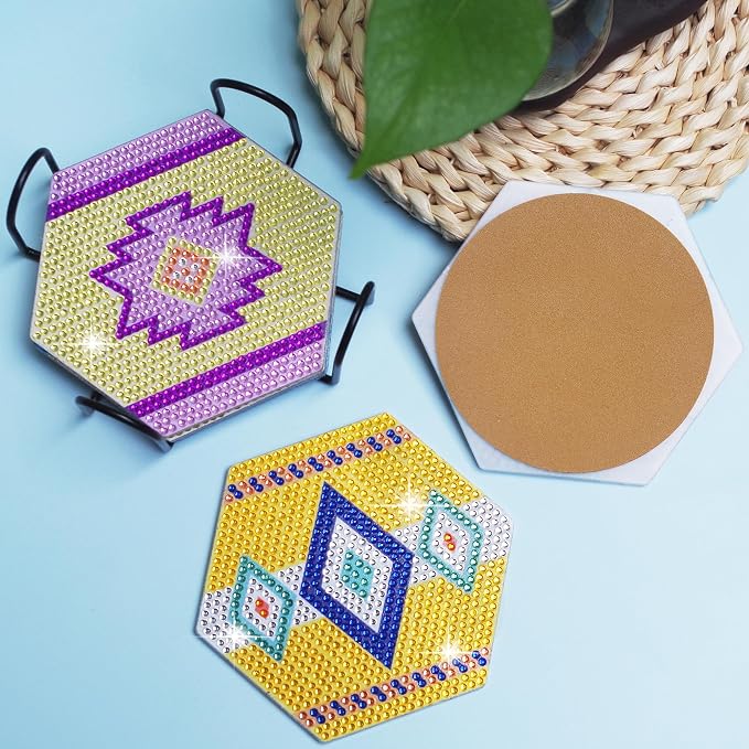 Vcekract 6 Pcs Hexagon Diamond Art Coasters Kit for Adults | Diamond Painting Coasters with Holder & Protective Backing, Diamond Art Adult Crafts for Table Home Decoration