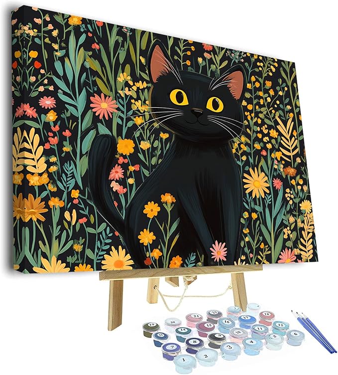 TUMOVO Adult Paint by Number, Paint by Numbers Kit for Adults - Black Cat Sitting in a Lush Field of Flowers, Cute Animal Art, Painting by Numbers on Canvas, 16x20 Inch(Framed)