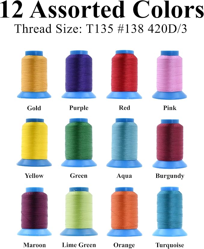 Mandala Crafts Size 138 420D T135 12 Vibrant Bonded Nylon Thread, 1440 YDs