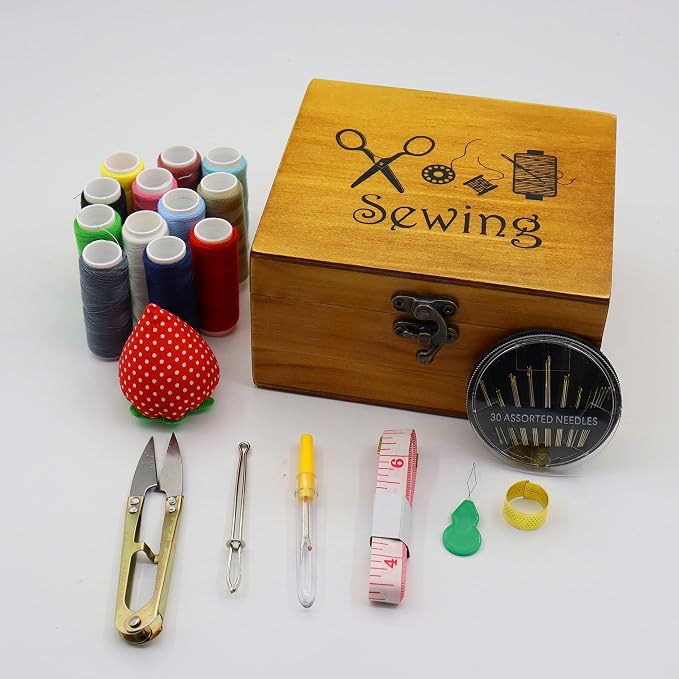 Flytreal Sewing Kit Small Box Basket, Wooden Hand Home Sewing Repair Tool Kit, Beginner Universal Sew Kit Accessories for Women, Men, Adults, Girls, Kids