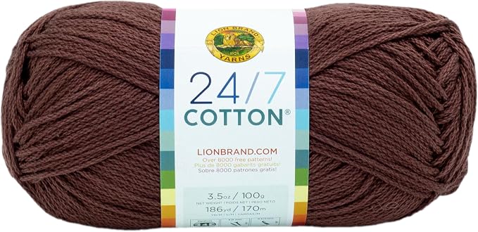 Lion Brand Yarn, 24/7 Cotton Yarn, Coffee Beans, Brown, 1 Pack