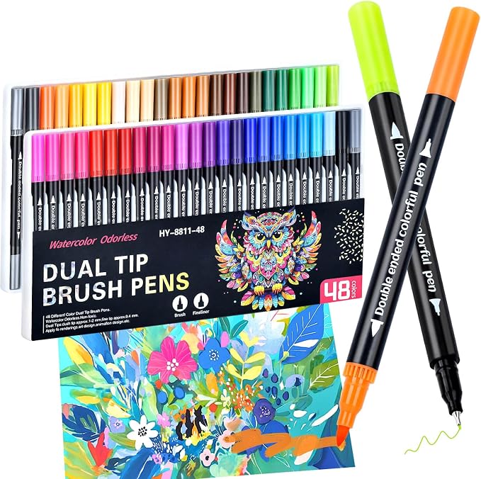 MIN CI 48 Colors Markers, Dual Tip with Fine Tip and Brush Tip Pens for Adult Coloring Book, Dual Brush Coloring Markers, Art Supplies Marker s Kit for Calligraphy, Drawing, DIY Crafts