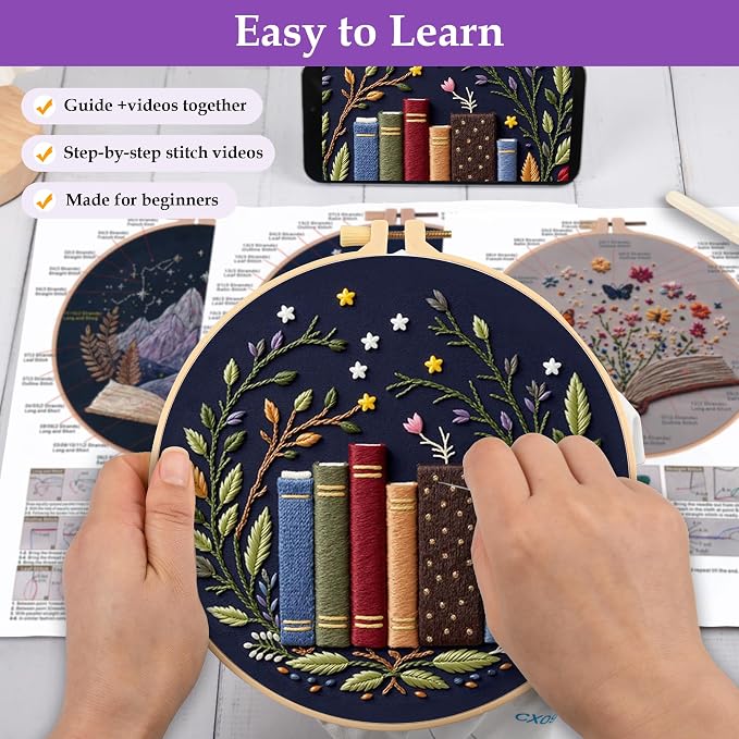 Uniartfy 3 Pack Embroidery Starter Kit, Stamped Book Flower Mountain Butterfly Cross Stitch Kits for Beginners, Needlepoint Kits Adults with Embroidery Hoop and Instructions, Hand Embroidery Kit