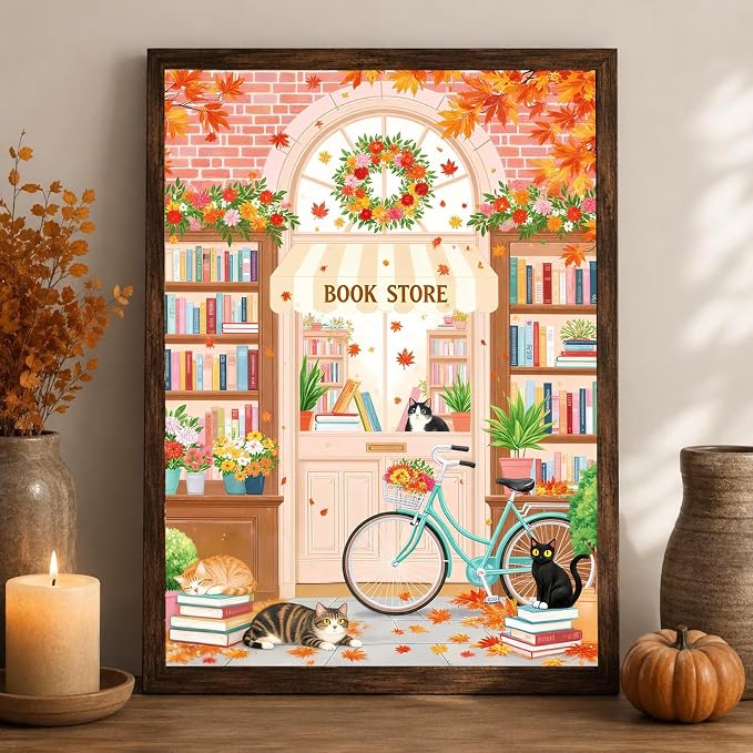 GEWOUVIN Book Store Diamond Art Kits for Adults, Autumn Diamond Painting Kit for Beginners, Round 5D DIY Dimond Art,Full Drill Painting Kit Art and Crafts for Adults Home Wall Decor【11.8x15.7inch】