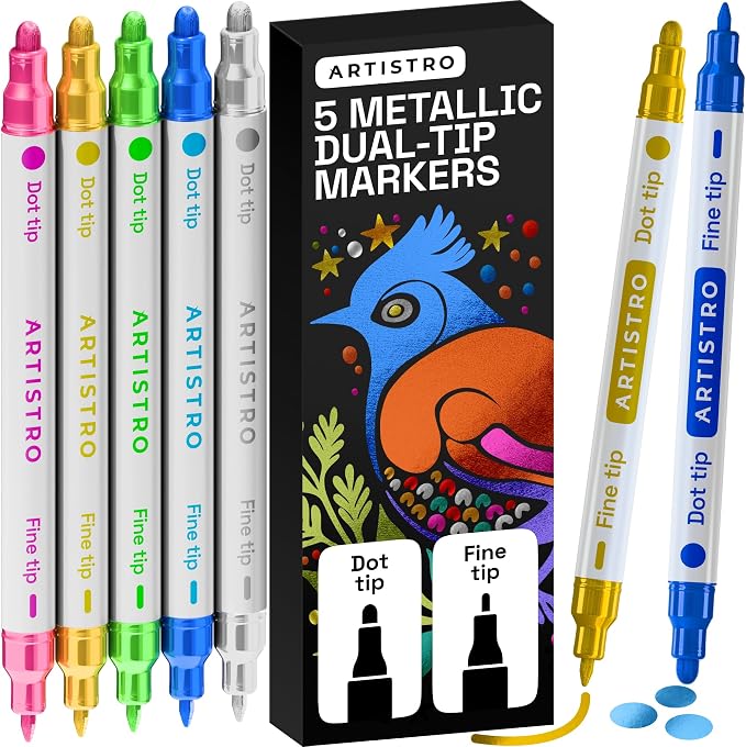 ARTISTRO Metallic Dual-Tip Acrylic Paint Marker Pens - Set of 5 | For Fabric, Rock, Glass, Wood, & Coloring Books, Arts & Crafts Gift, Classroom Must Haves & School Supplies (Dot & Fine Tips)