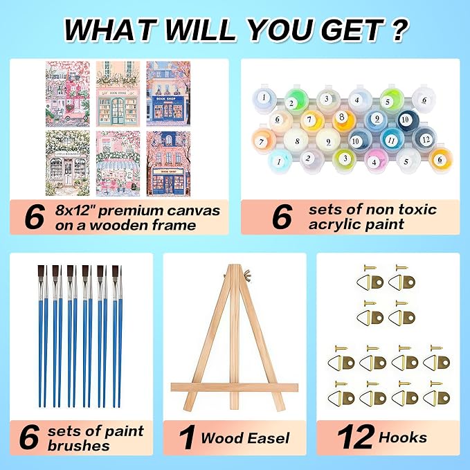 6 Pack Framed Book Store Paint by Number Kits for Adult with Easel (8x12in)