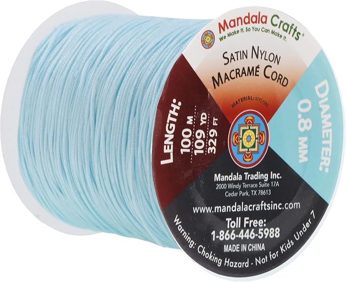 Mandala Crafts 0.8mm Light Blue Rattail Nylon Satin Cord for Jewelry Making