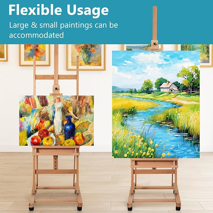 Beechwood H-Frame Artist Studio Easel with Wheels and Storage Tray, Natural
