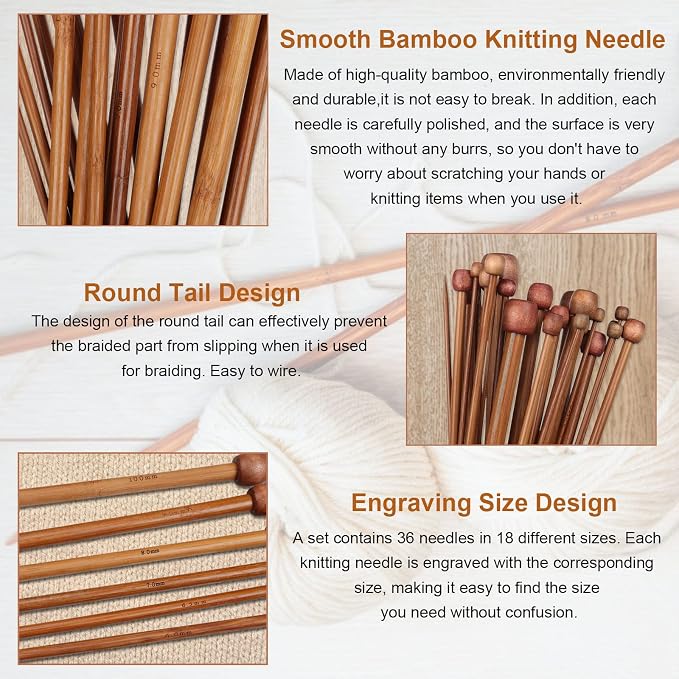 Aeelike 18 Pairs Bamboo Knitting Needles Set, 2mm-8mm Wood Needle, Type A