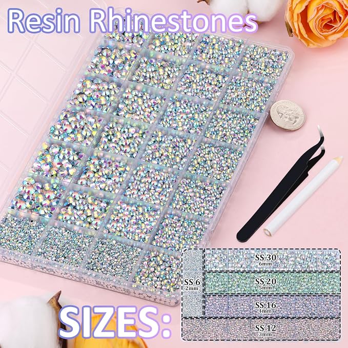 30000Pcs Resin Rhinestones for Bedazzling with Tweezers, AB Rhinestones for Crafting with 3Pcs 10ml B7000 Jewelry Glue for Nail Art