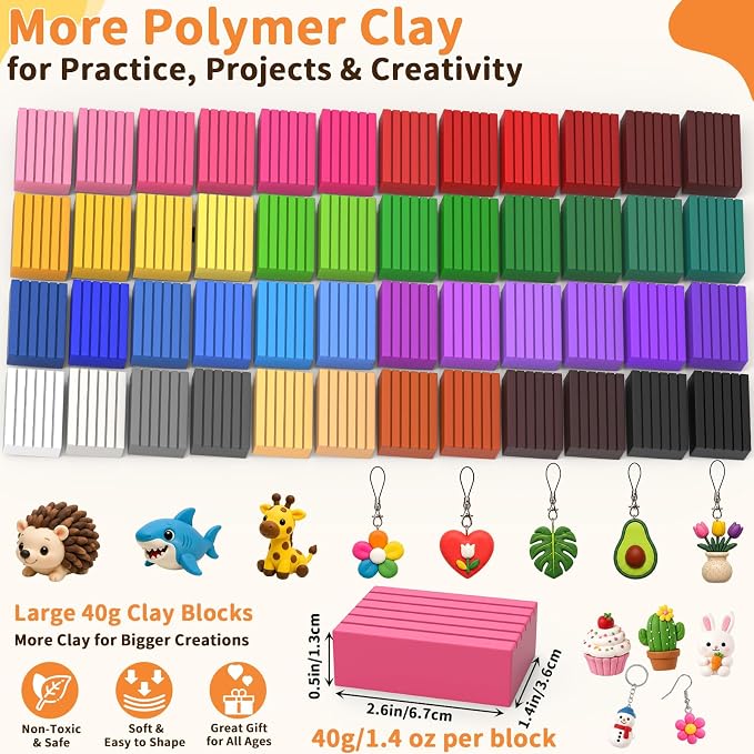 130 Pcs Polymer Clay Kit 48 Colors Oven Bake Clay 40g Large Block,Non-Toxic | Includes 82 Pcs Accessories, Tools & Storage Box for Jewelry Making, Charms, Miniatures, Crafts & DIY Projects