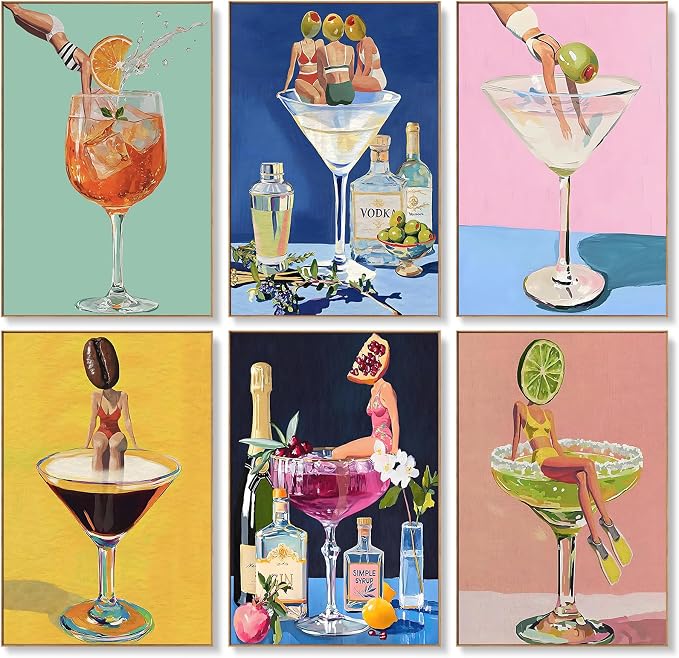 Offito 6 Pack Paint by Numbers Kit for Adults, Funny Cocktail, 8x12 Inch | Acrylic Drink Number Painting Set, DIY Canvas Art Craft Kit for Beginners, Home Wall Decor, Stress Relief Relaxing Hobby Gift