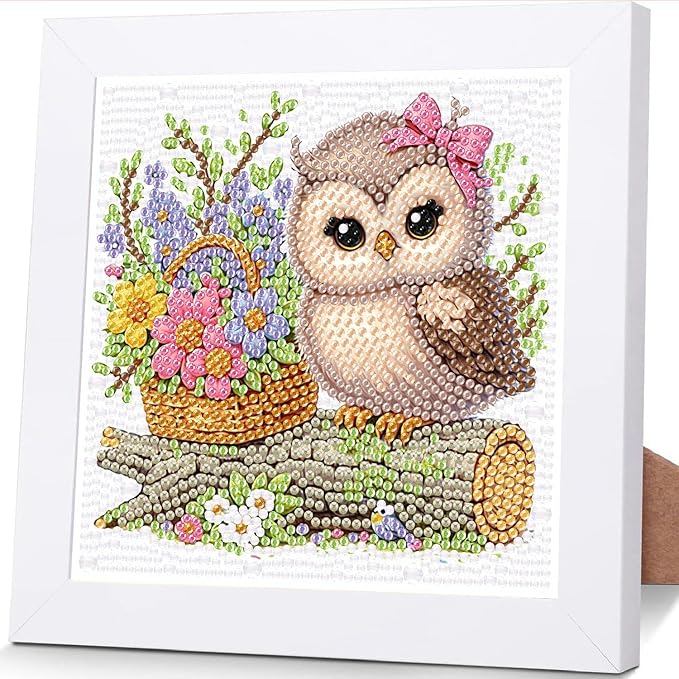Ajepon Owl Diamond Art Kit for Kids, Ages 8-12, 7x7 Inch, Modern Style, Crystal Diamonds, Includes Canvas, Frame, Tools, Non-Foldable
