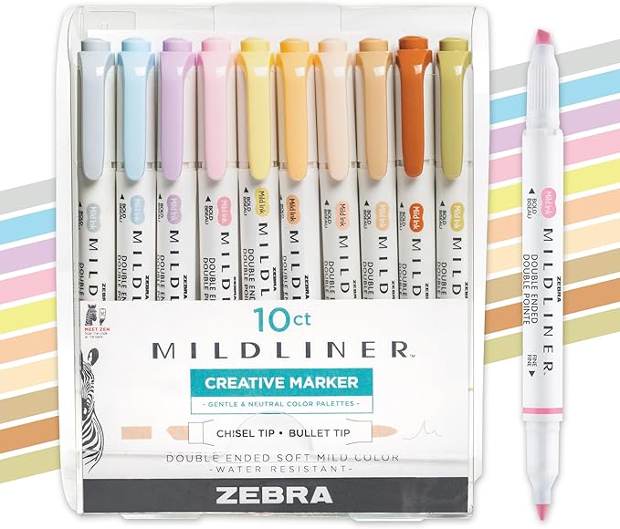 Zebra Pen MILDLINER Highlighter, Neutral and Gentle Colors, Dual Tip, 10-Pk | No Bleed, Broad and Fine Point Tip, Ideal for Bible Highlighting, Journaling, School, Teacher and Office Supplies (78701)