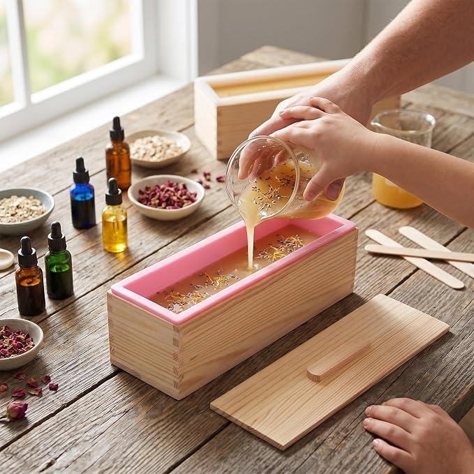 4PCS 42oz Silicone Soap Kit, Pink Rectangular Silicone Loaf Soap Making with 4 Wooden Boxes and 4 Lids, DIY Supplies for Soap Making
